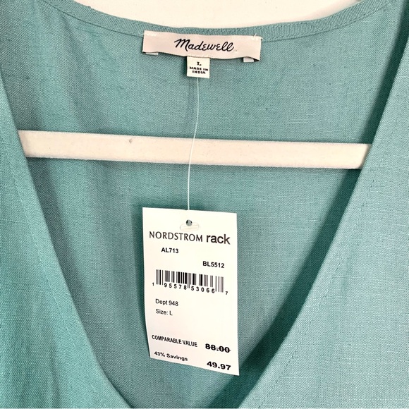 NEW Madewell Alexandra V-Neck Button Front Linen Blend Mini Dress Size L Teal - Picture 8 of 10